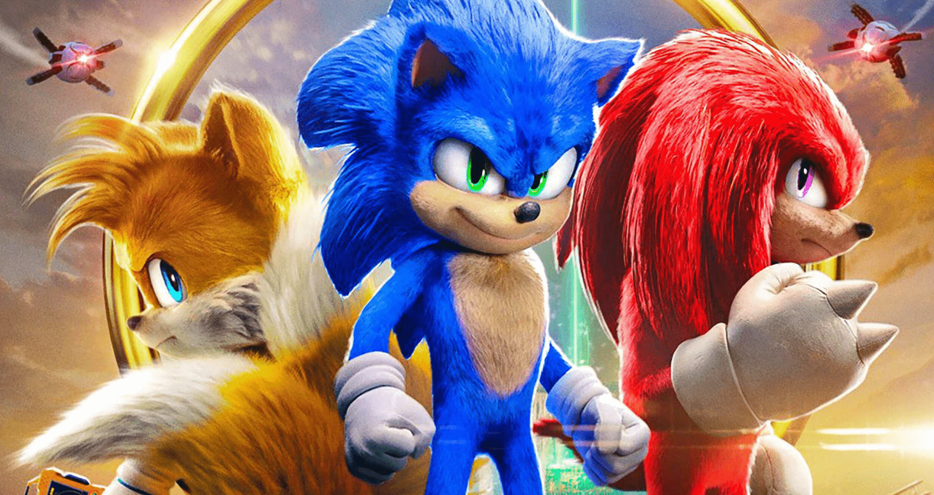 Artwork of Tails, Sonic, and Knuckles stand defiantly.
