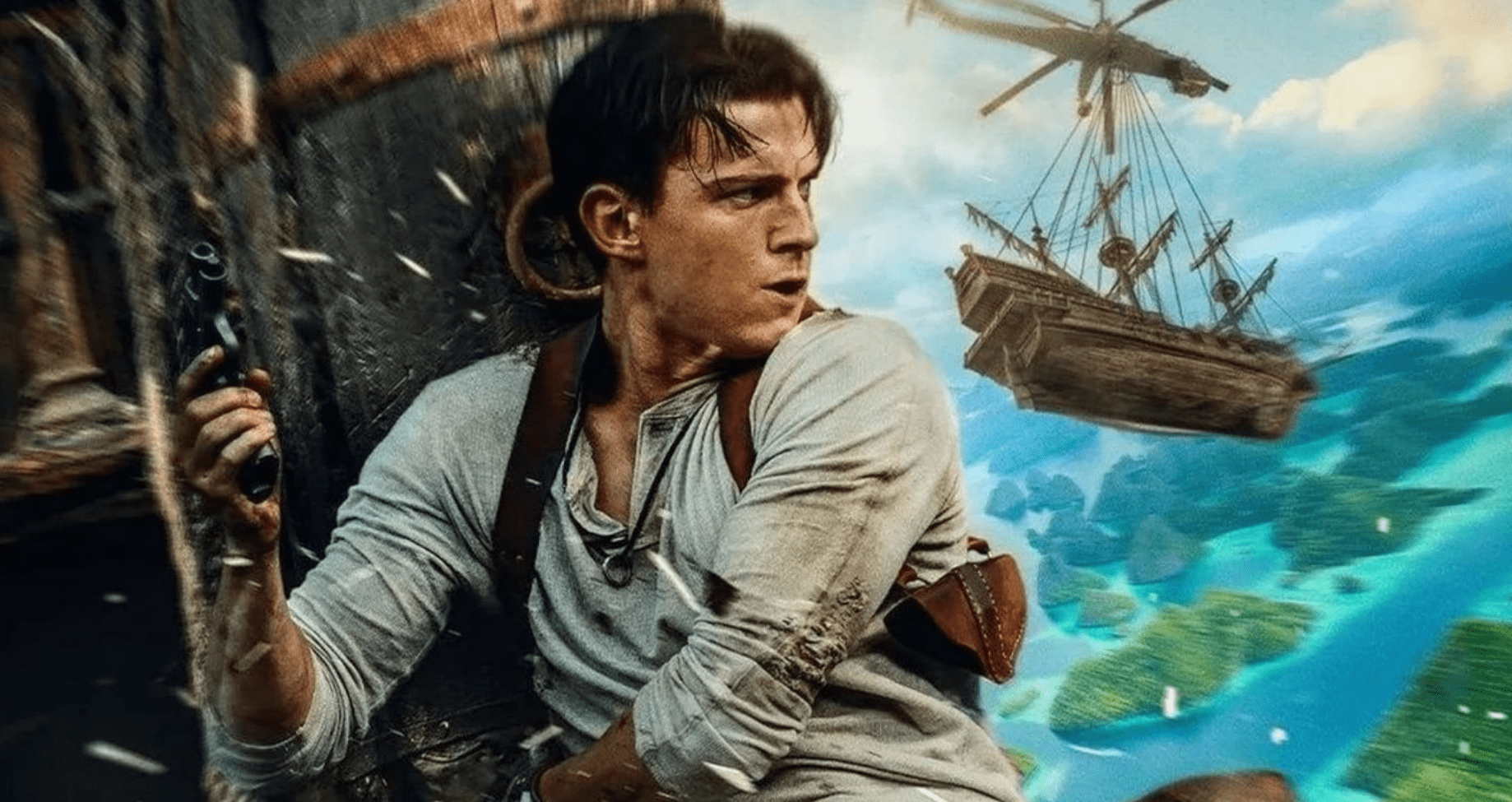Nathan Drake, Uncharted in a perilous action scene.