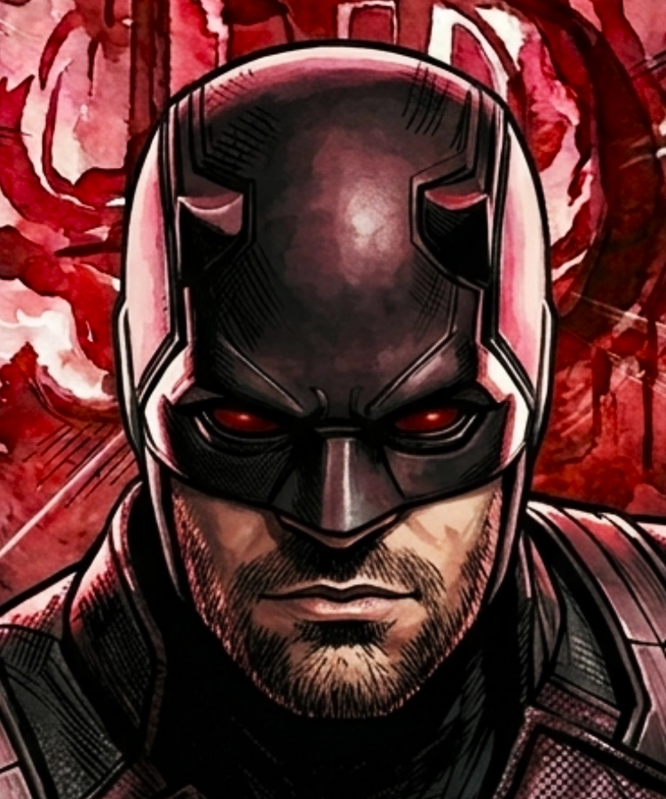 Daredevil close-up with glowing red eyes, intense expression, and blood ...