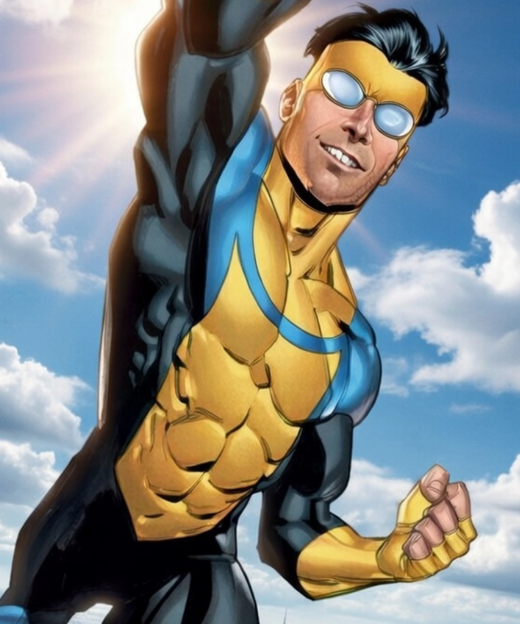 Invincible flying upward in his yellow and blue suit, muscular ...
