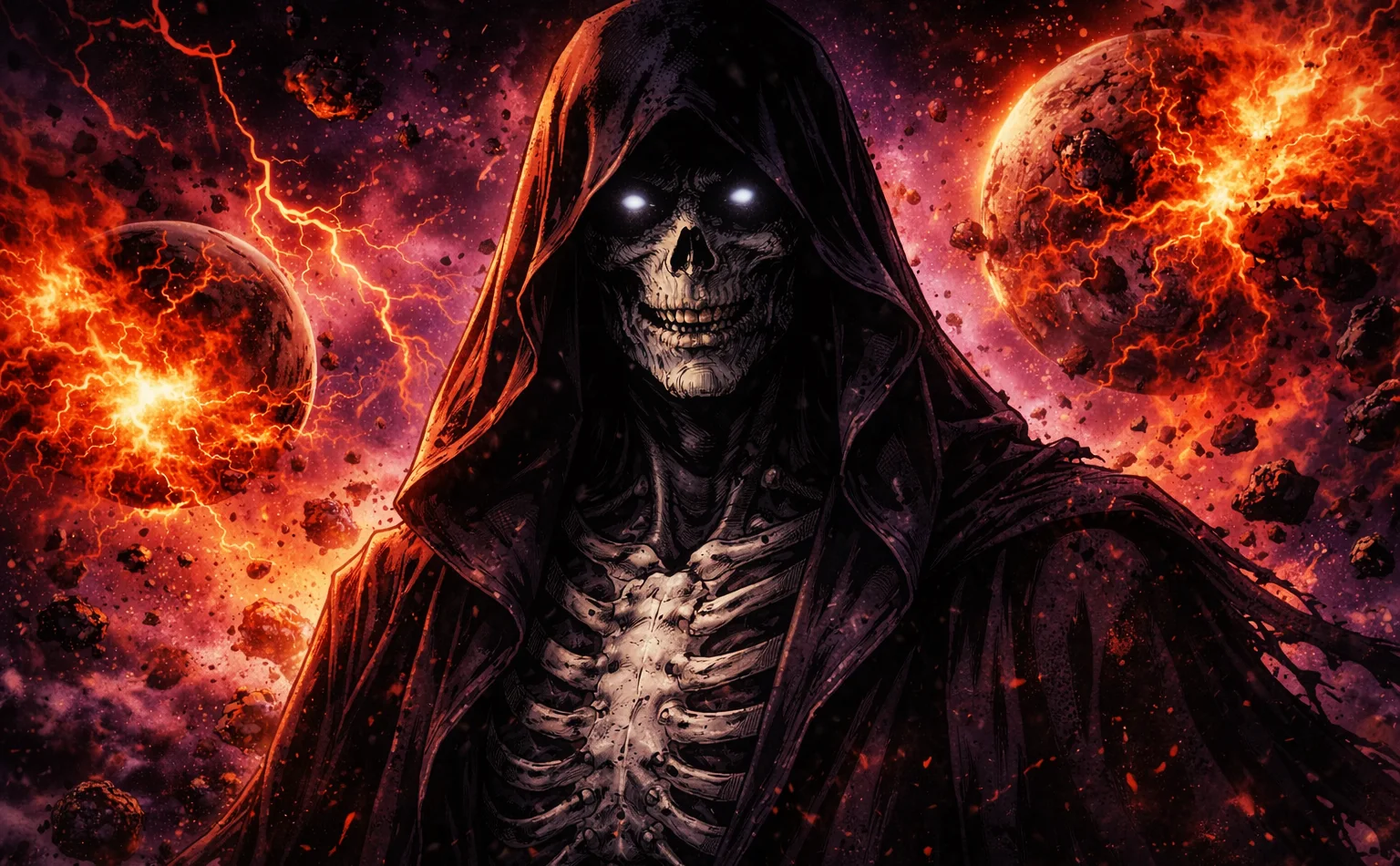 Mutant Marquis of Death with glowing eyes, skeletal form in a hooded ...
