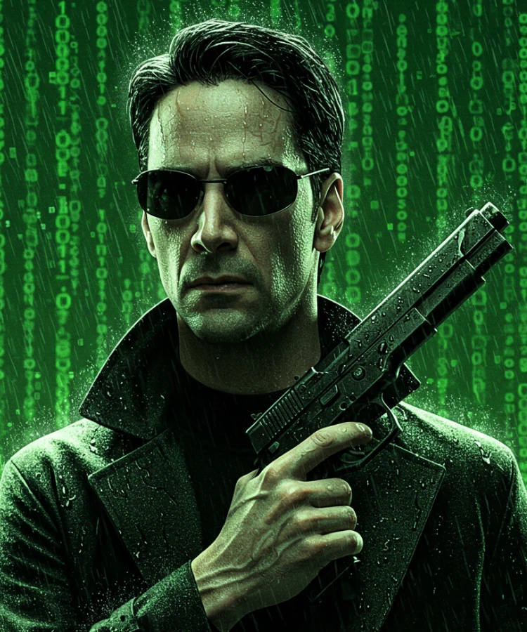 Digital artwork of Neo from The Matrix, wearing his iconic black trench ...